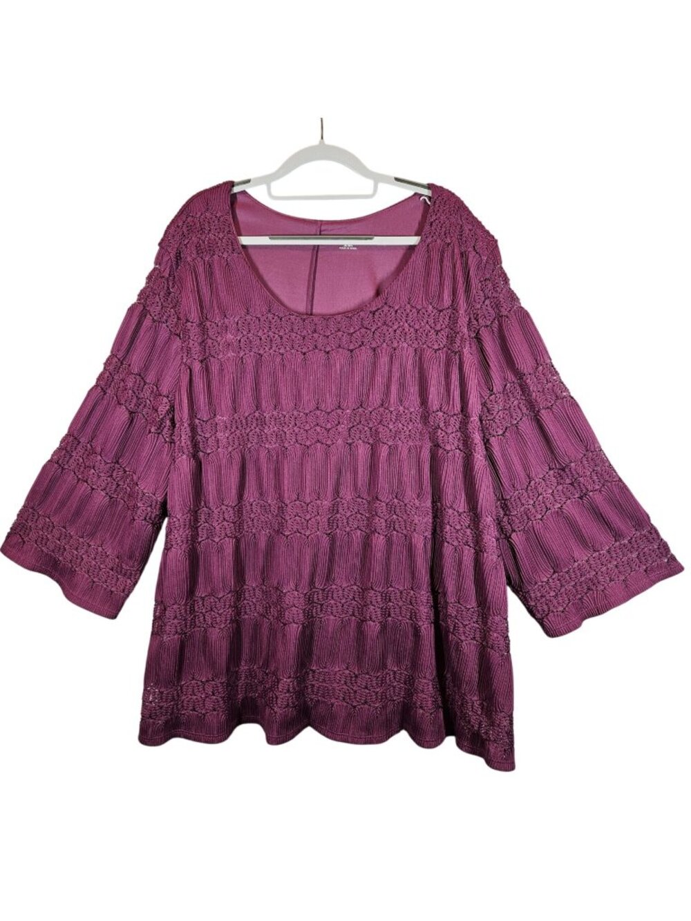 Catherines Womens 3X Plum Lacy Overlay Tunic Top Peek a boo Sleeves Flowy Fit